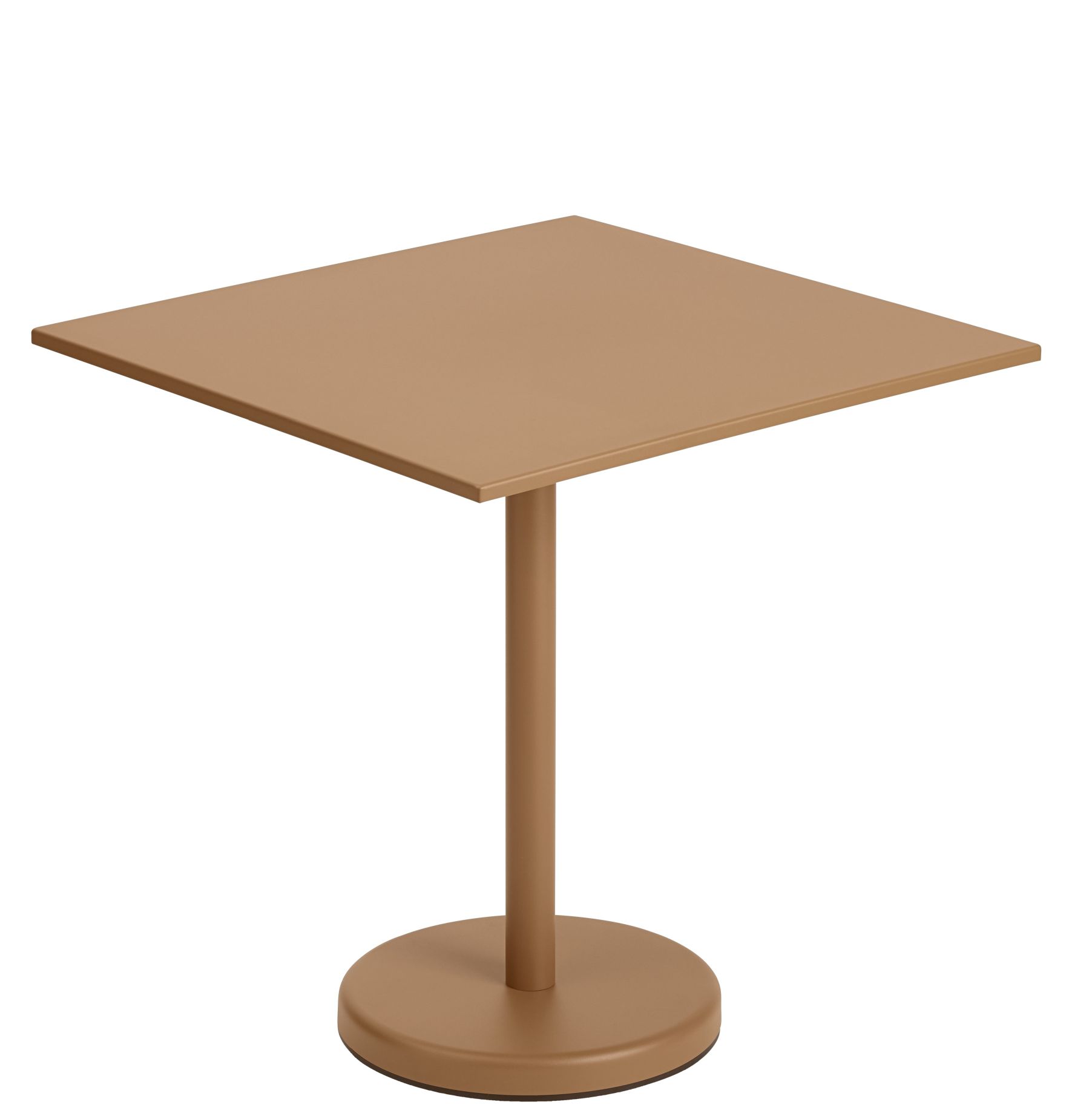 Muuto Linear Steel Cafè Table: Quadratischer Outdoor Beistelltisch in Bronze mit runder Basis.