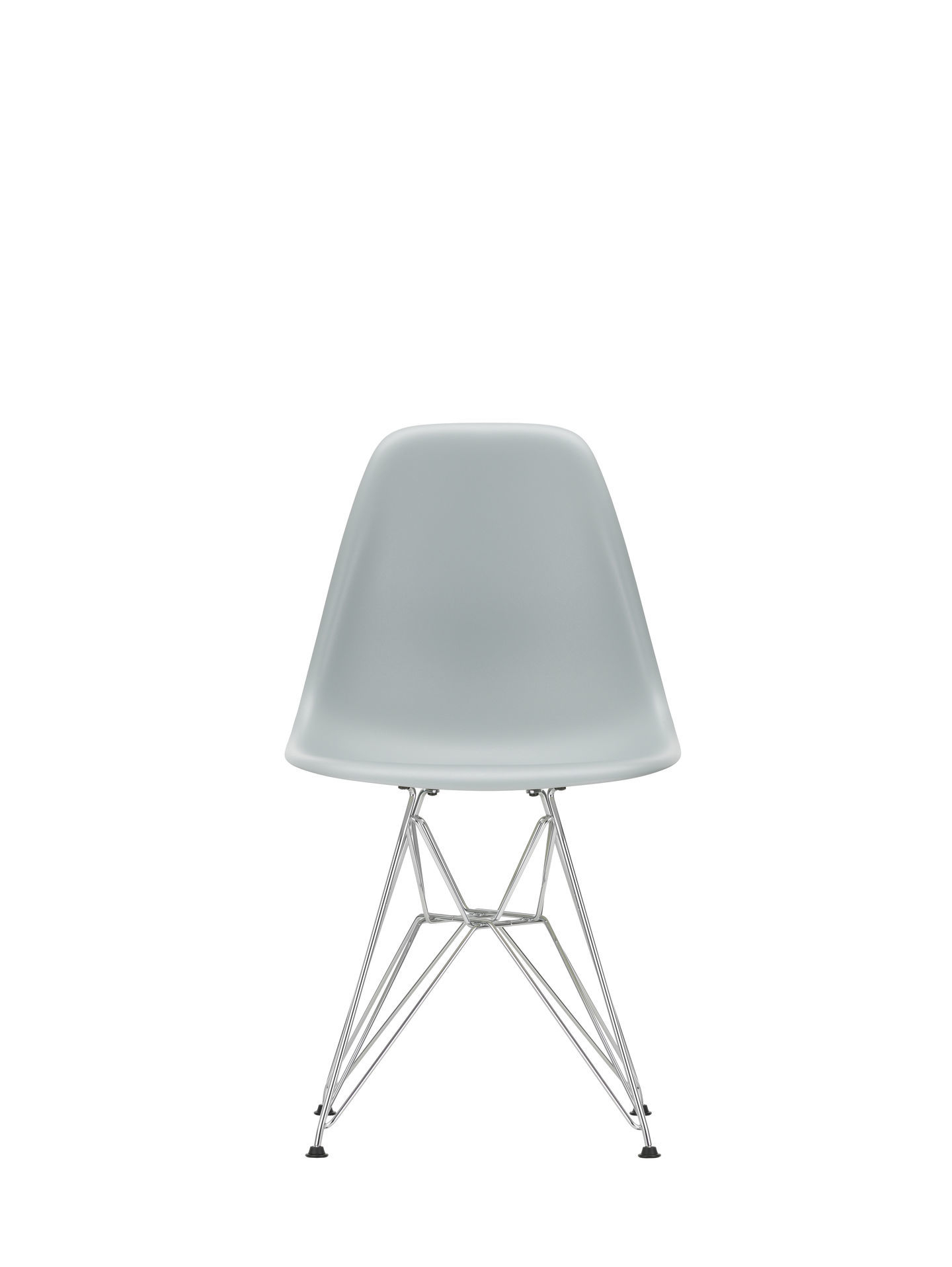 Eames DSR Stuhl in Eisgrau mit Chromgestell, ein moderner Designklassiker für Esszimmer und Büro.