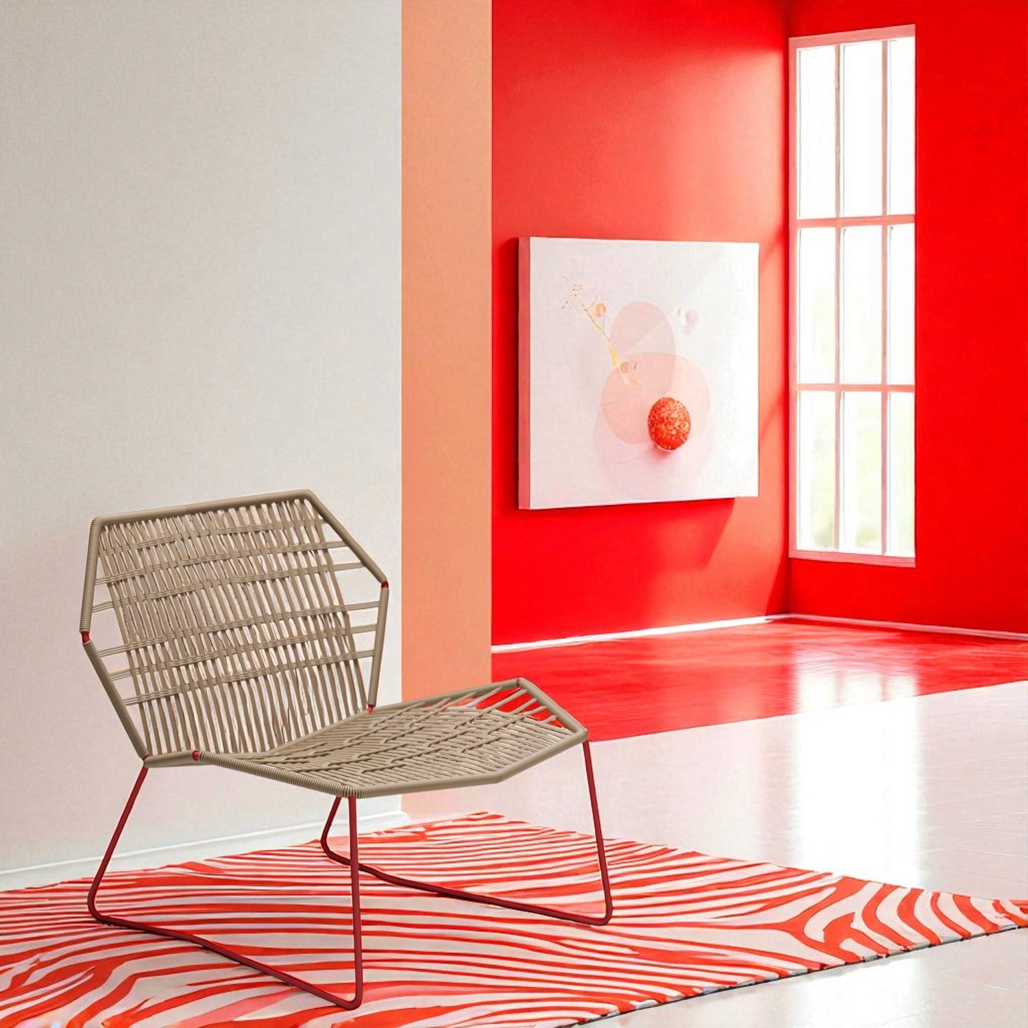 Tropicalia TR0 Sessel von Moroso: Beige Indoor Sessel mit rotem Gestell auf Zebra-Teppich.