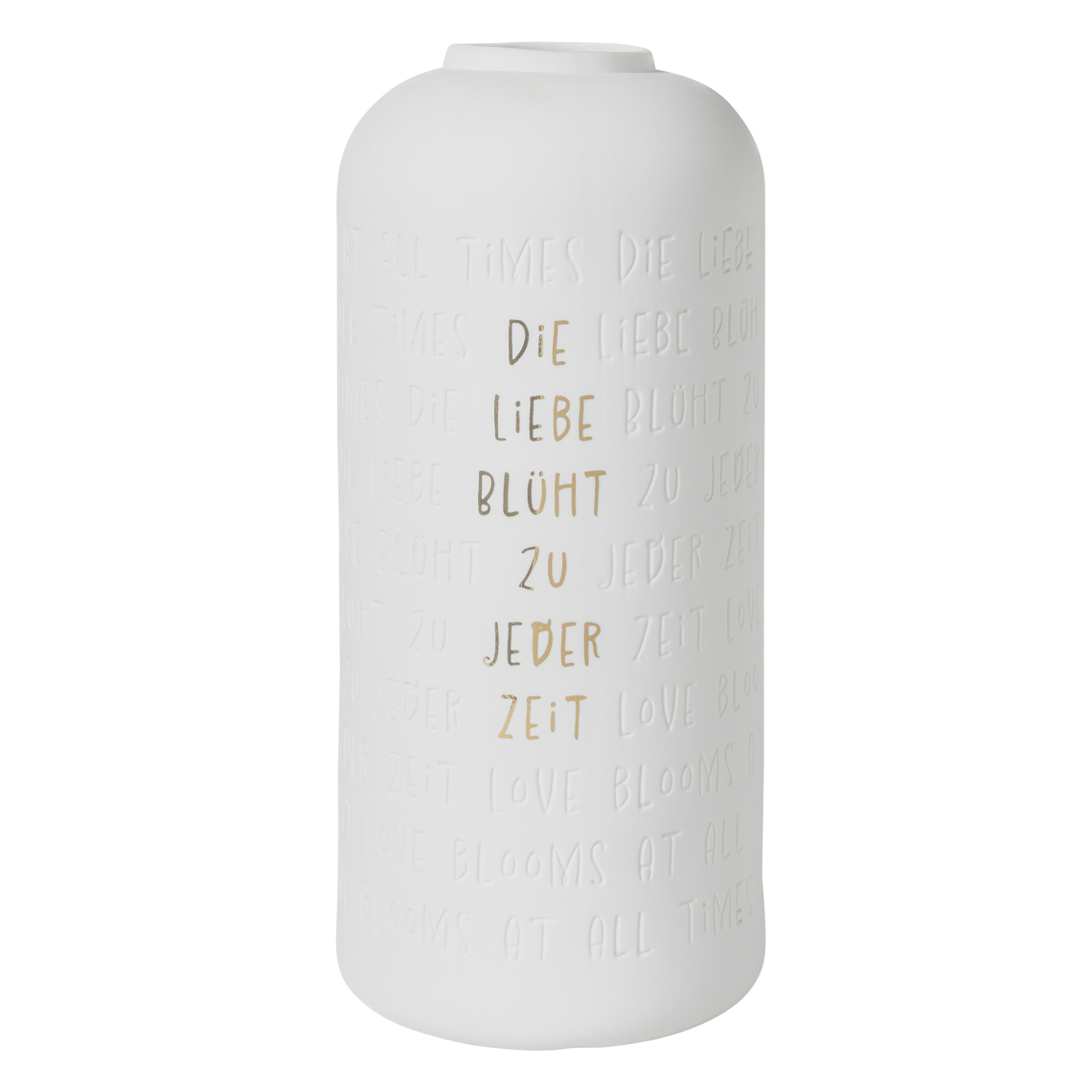 Weiße Vase "Die Liebe Blüht zu Jeder Zeit" mit goldenem Schriftzug, ideal als Hochzeitsdekoration.