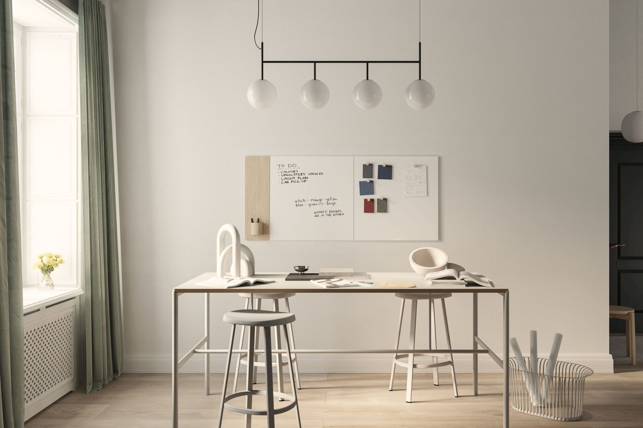 Helles Büro mit Chat Board Classic Wandtafel: Magnetische Glastafel für Notizen und Organisation im modernen Arbeitsbereich.