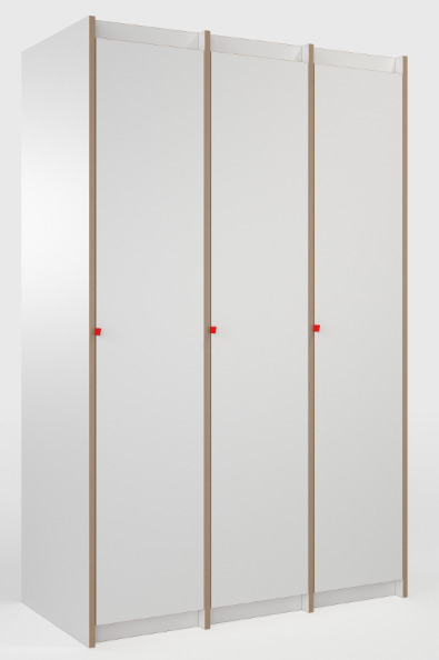 Tojo Steh Schrank Anbaumodul: Weißer, modularer Kleiderschrank mit drei Türen und roten Griffen.