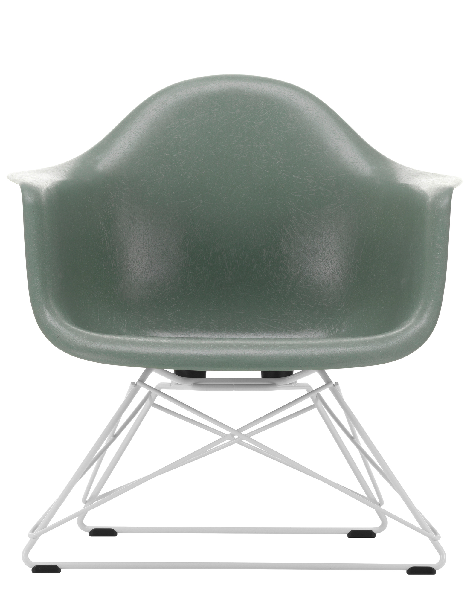 Grüner Eames Fiberglass Arm Chair LAR Stuhl von Vitra mit weißem Drahtgestell, Frontansicht.