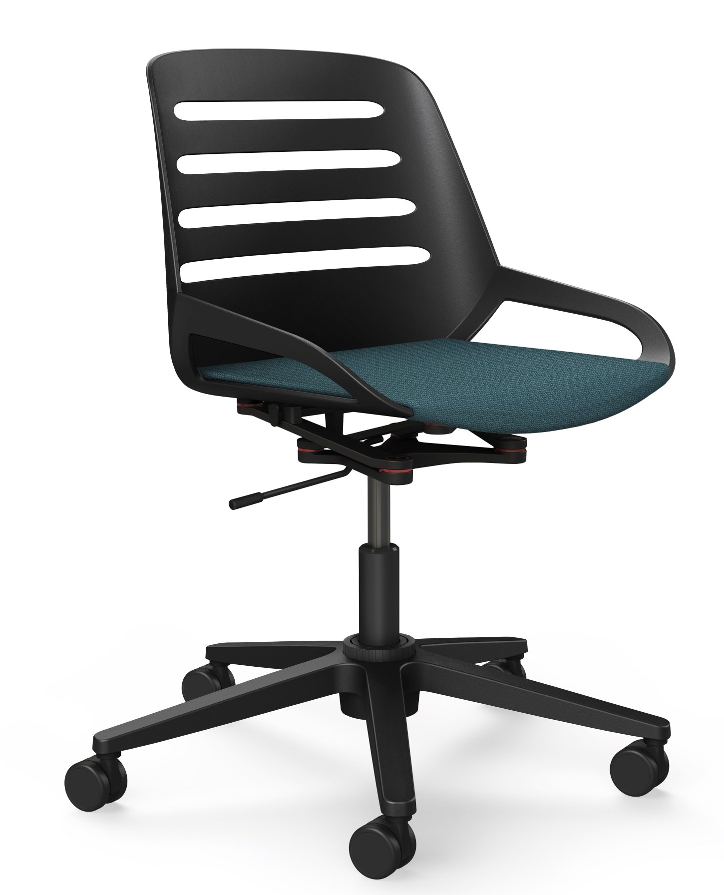 Numo Task Drehstuhl von Aeris, schwarzes Gestell, blaue Sitzfläche, ergonomischer Bürostuhl mit Rollen.