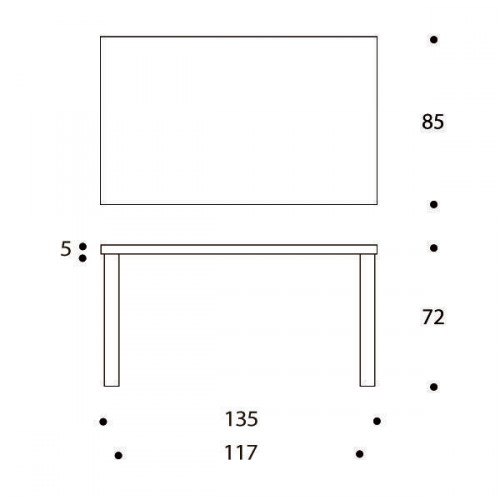 Artek 82B Tisch: Technische Zeichnung mit Maßangaben für Höhe, Breite und Tiefe.