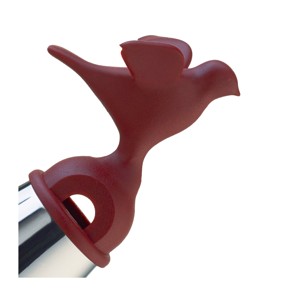 Roter Ersatzvogel als Flöte für Alessi Wasserkessel, Detailaufnahme des Pfeifaufsatzes.