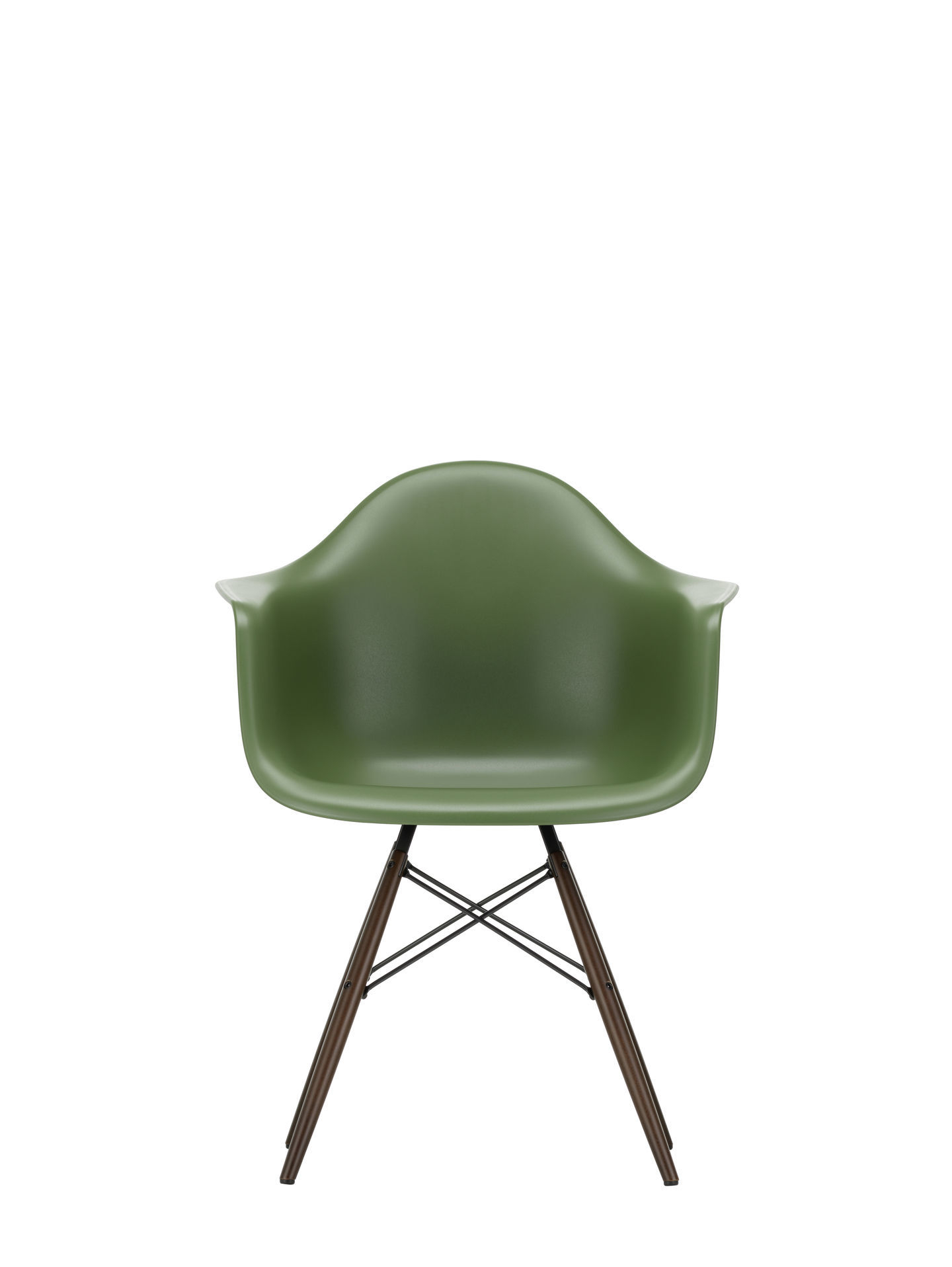 Eames Plastic Arm Chair mit Ahorn-Gestell und olivgrüner Sitzschale von Vitra.