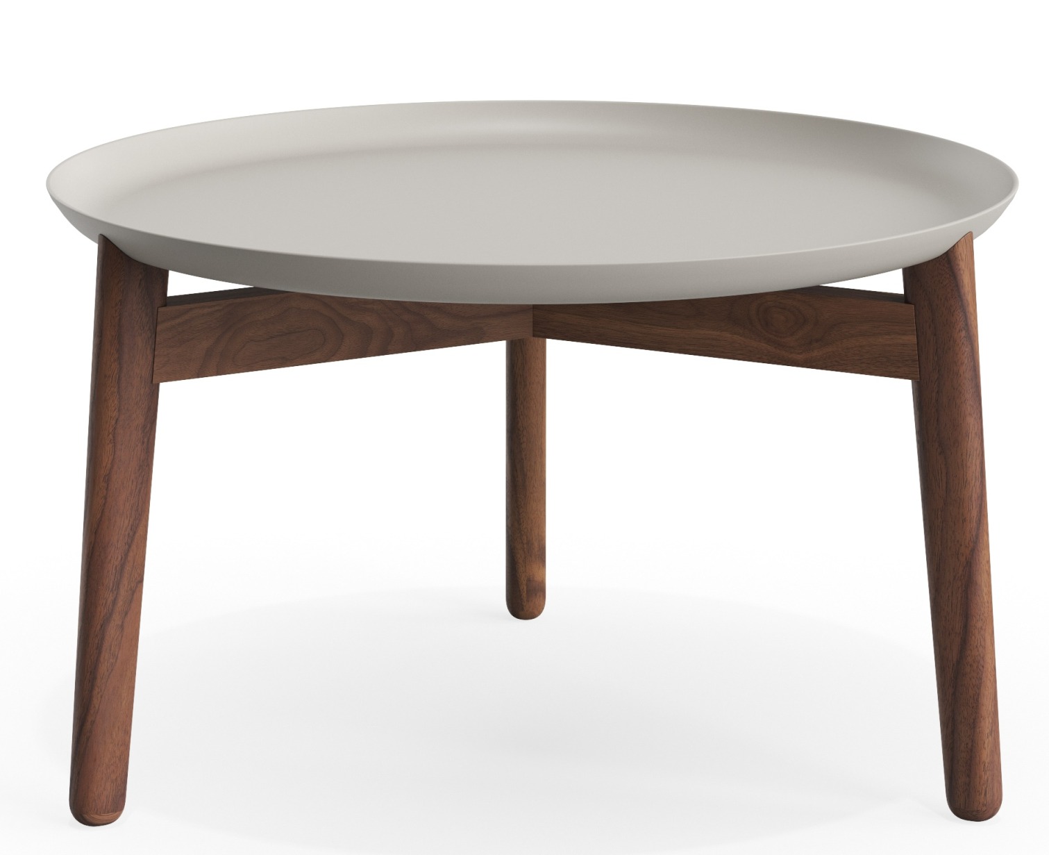Plaisir 2 Aluminium Beistelltisch von Zeitraum, runder Couchtisch mit grauem Tablett und Holzbeinen.