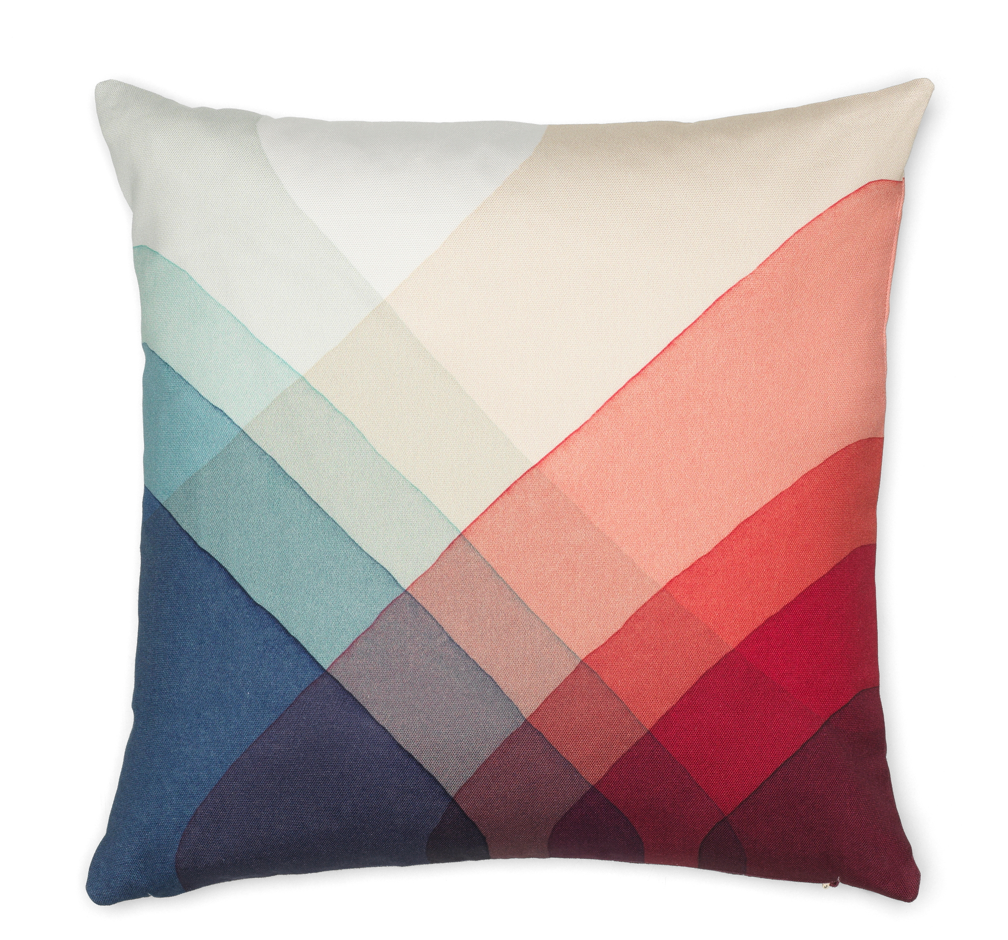 Vitra Heringbone Pillows Kissen mit abstraktem, farbigen Karomuster in Blau-, Beige- und Rottönen auf weißem Hintergrund.