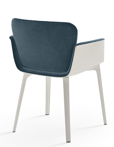 KN06 Stuhl von Knoll International mit blauem Samtbezug und weißem Gestell, Ansicht von hinten.