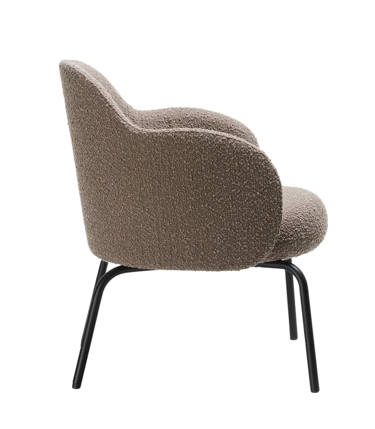 Flos FS F 420 Loungesessel Bejot, brauner Sessel mit Bouclé-Bezug und schwarzem Metallgestell, Seitenansicht.