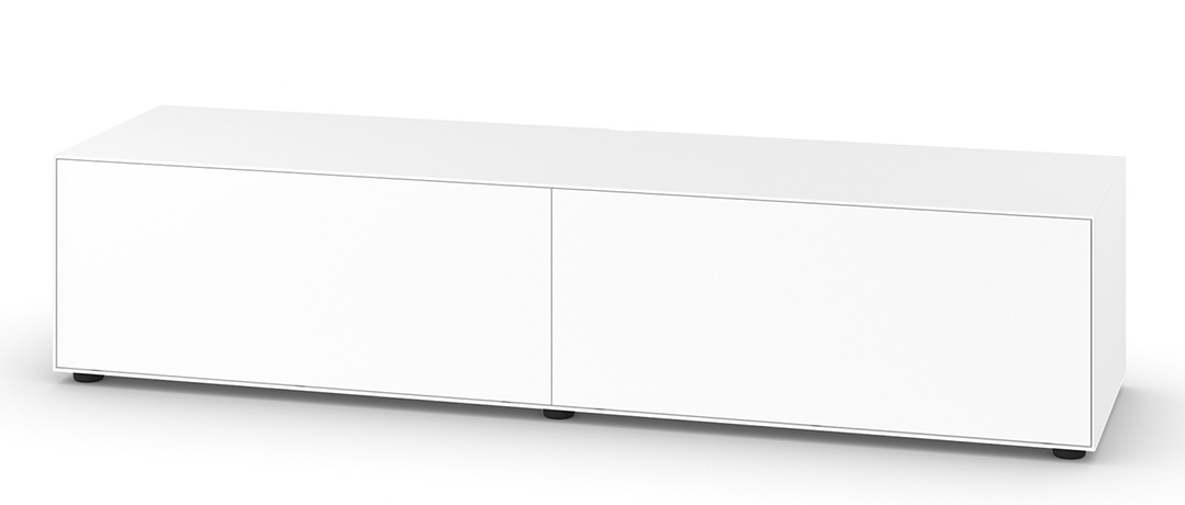 Weißes Nex Pur Box TV-Lowboard von Piure mit Medienklappe für Wohnzimmer und TV-Möbel.
