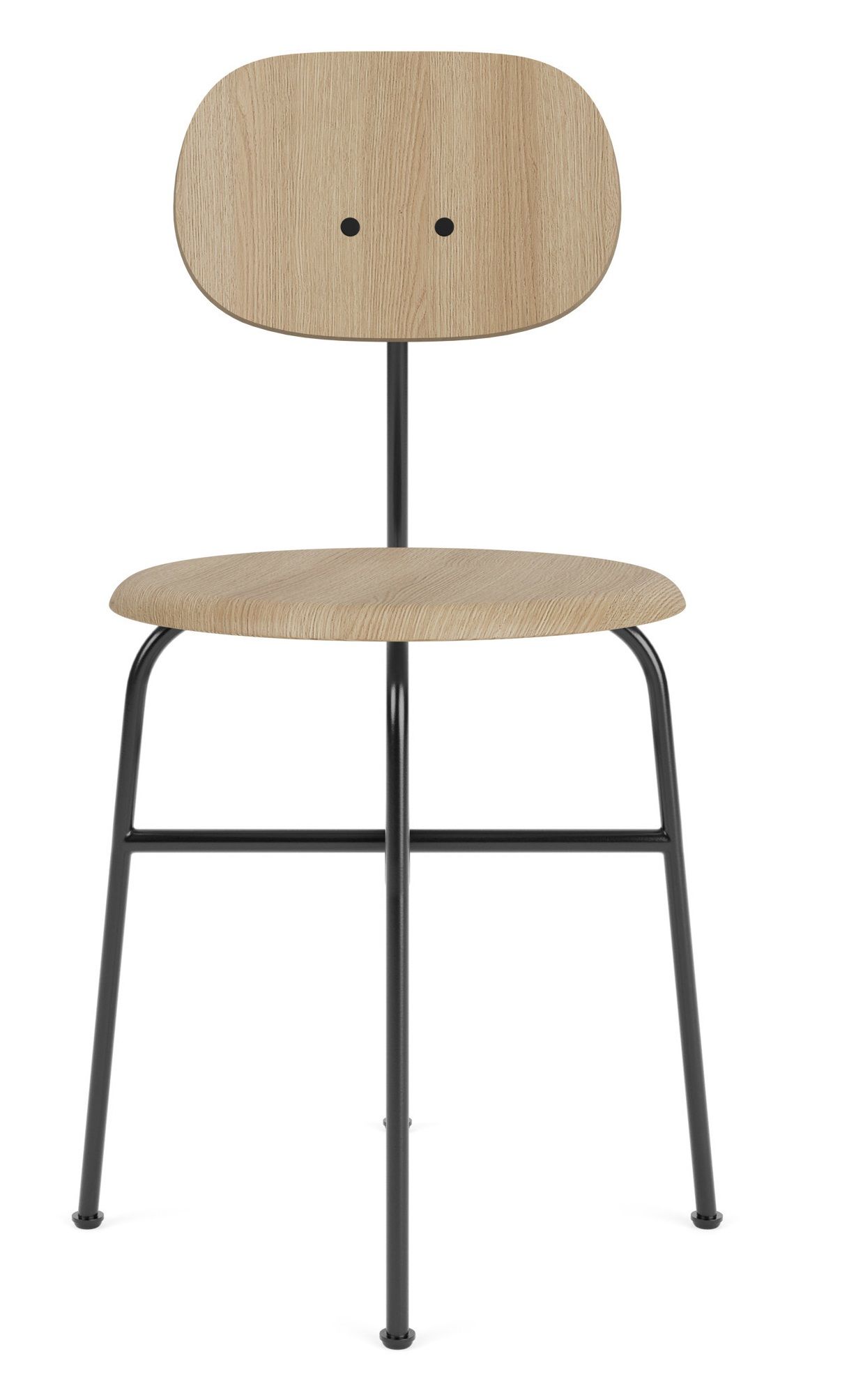 Afteroom Stuhl von Audo Copenhagen, Esszimmerstuhl aus hellem Holz mit schwarzem Metallgestell.