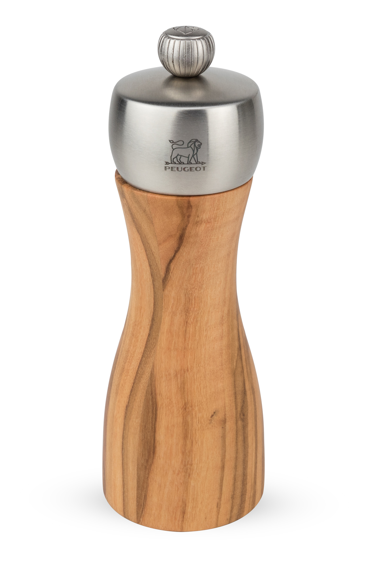 Peugeot Fidji Salzmühle aus Olivenholz, 20cm. Einzelstück mit Edelstahlkopf und elegantem Design.