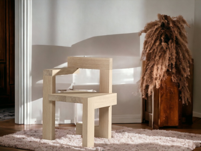 Steltman Stuhl aus Eiche massiv, whitewash gebeizt. Designstuhl mit minimalistischer Formgebung.