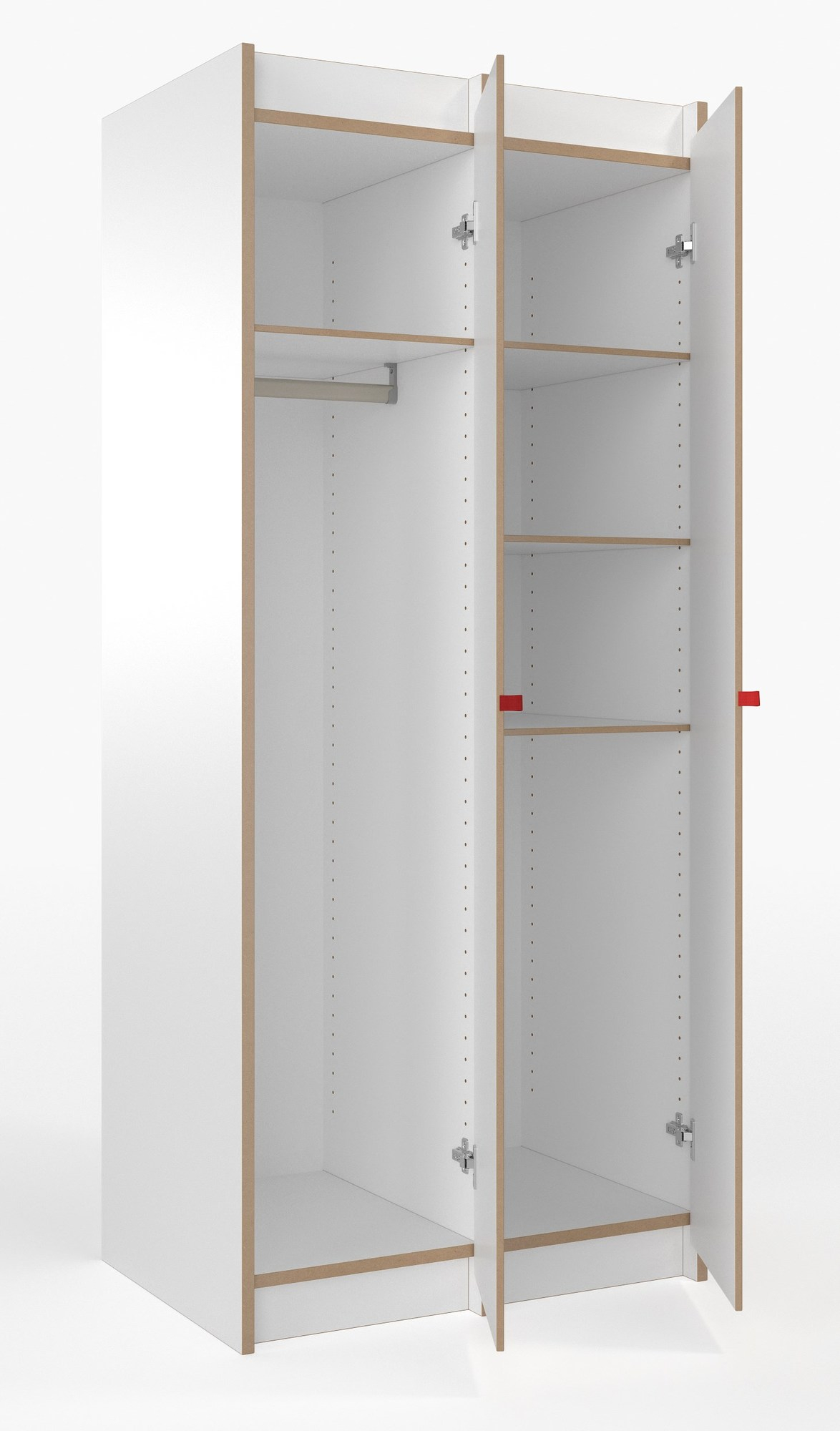 Offener, weißer Tojo Steh Schrank mit Einlegeböden und Kleiderstange, ideal als Anbaumodul für modulare Schranksysteme.
