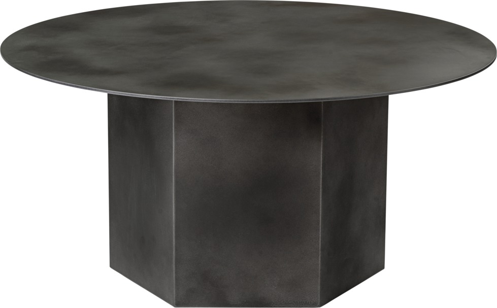 Epic Couchtisch von Gubi, Misty Gray Stahl, runder Tisch mit sechseckigem Sockel.