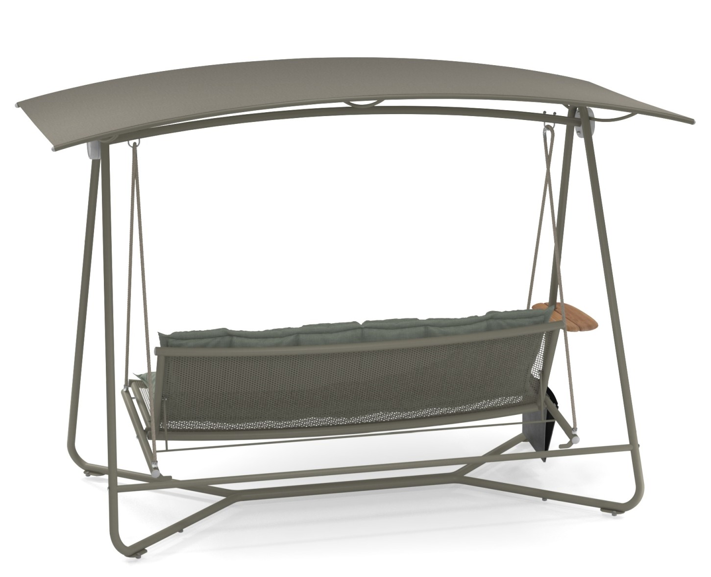 Reel Rocking Sofa Outdoor Emu: Graues Schaukelsofa mit Dach und bequemen Polstern für den Garten.