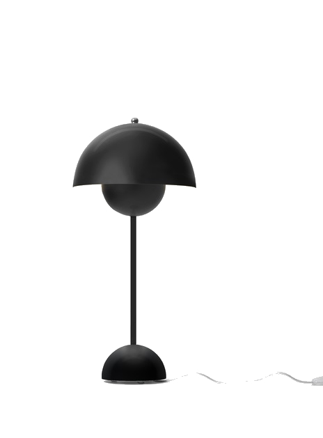 Schwarze Flowerpot VP3 Tischleuchte von AndTradition, modernes Design mit zwei Halbkugeln und schlankem Fuß.