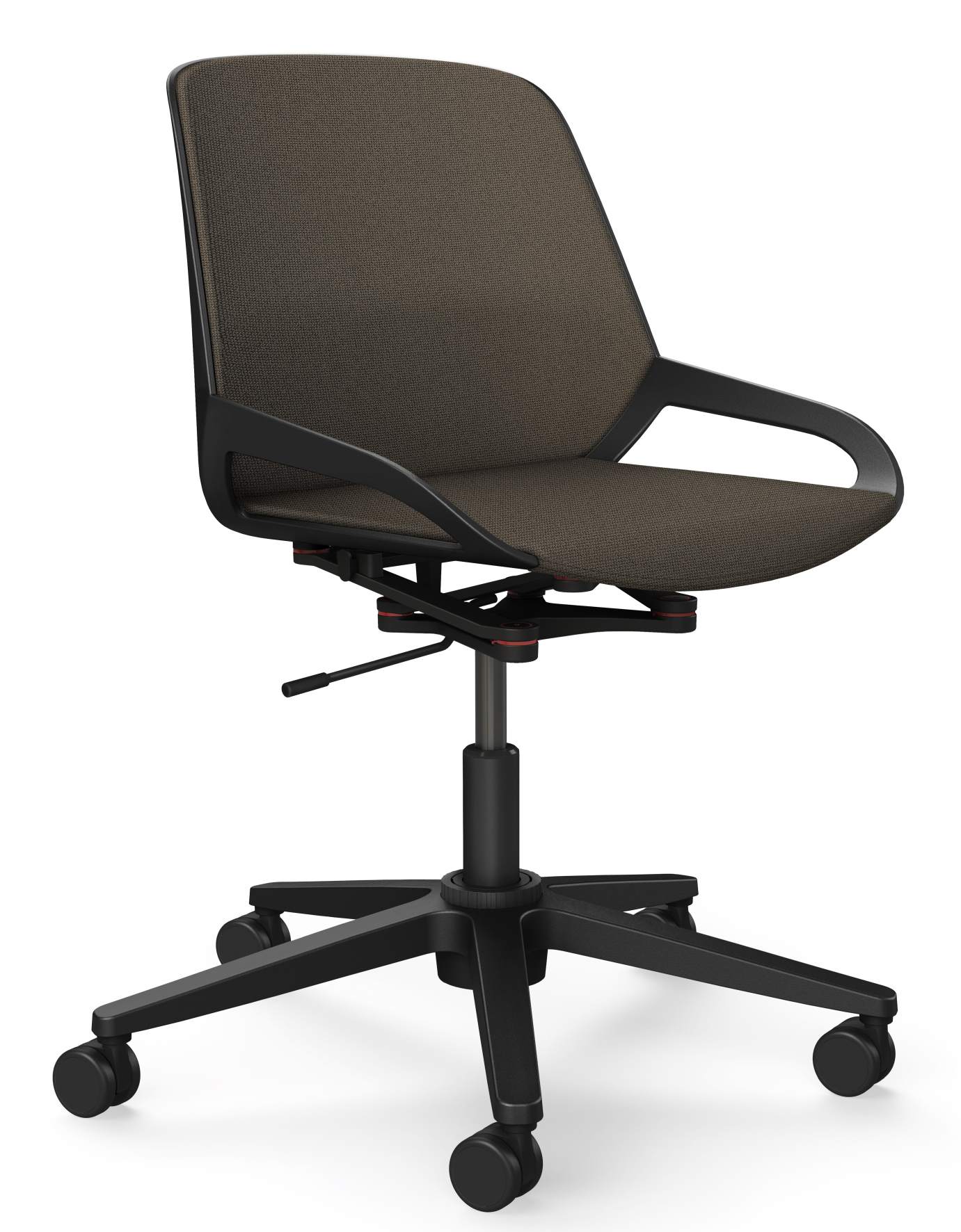 Numo Task Bürodrehstuhl von Aeris mit braunem Stoffbezug, schwarzem Gestell und Rollen für ergonomisches Sitzen.