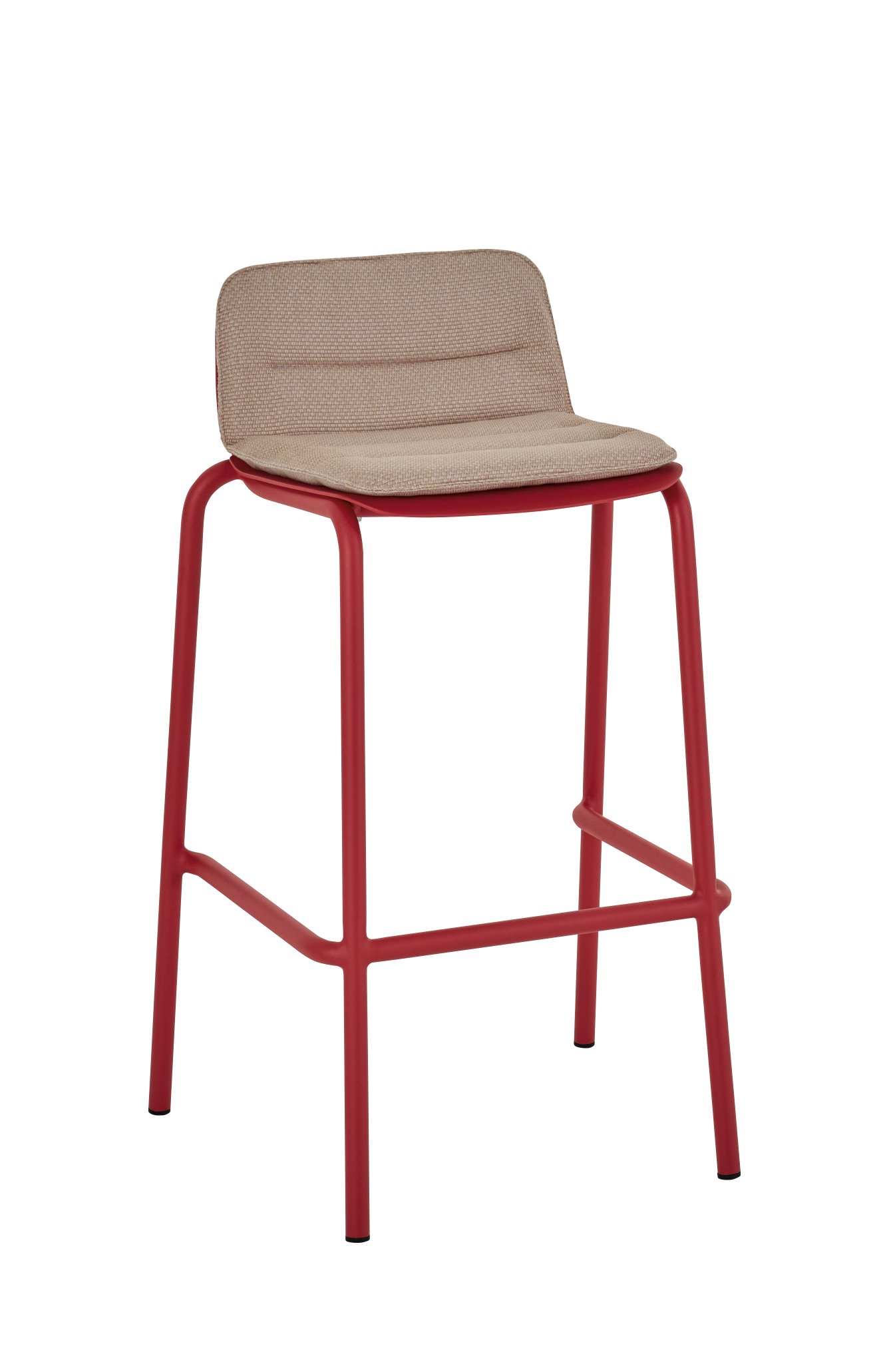 Vapio Barstool Barhocker von Weishäupl für den Außenbereich, rotes Gestell und beiger Sitzbezug.