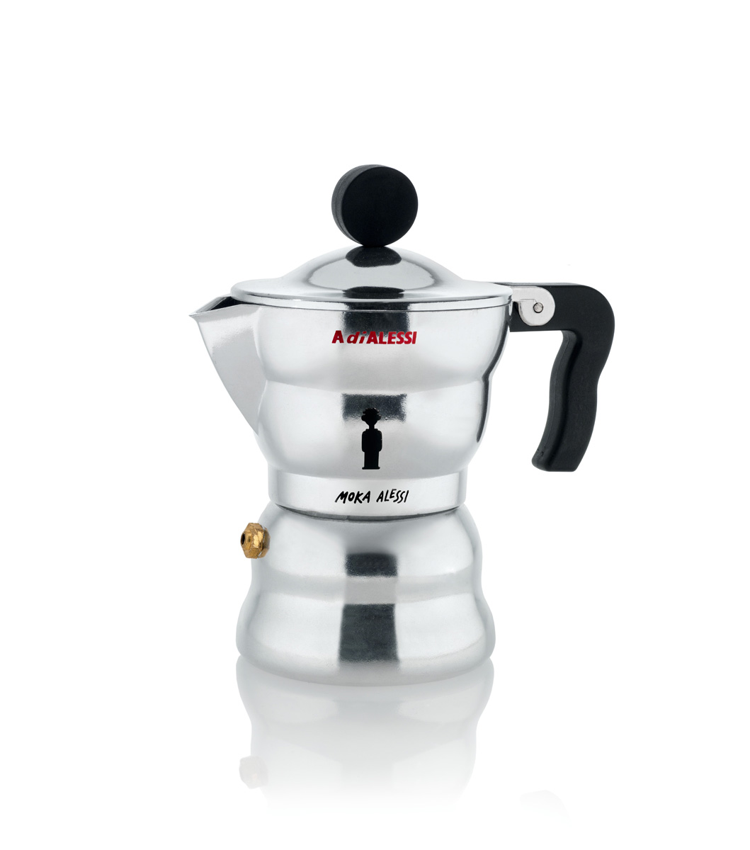 Silberne Alessi Moka Espressomaschine AAM33/1 für die Zubereitung von aromatischem Espresso. Italienische Kaffeekultur.
