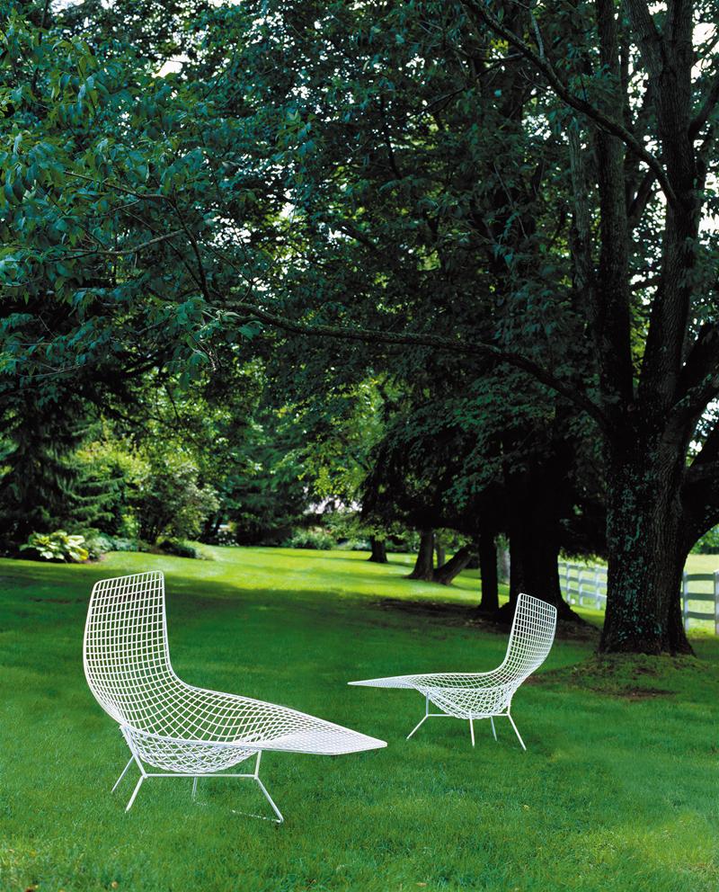 Weißer Bertoia Liegesessel von Knoll International für den Außenbereich auf einer grünen Wiese.