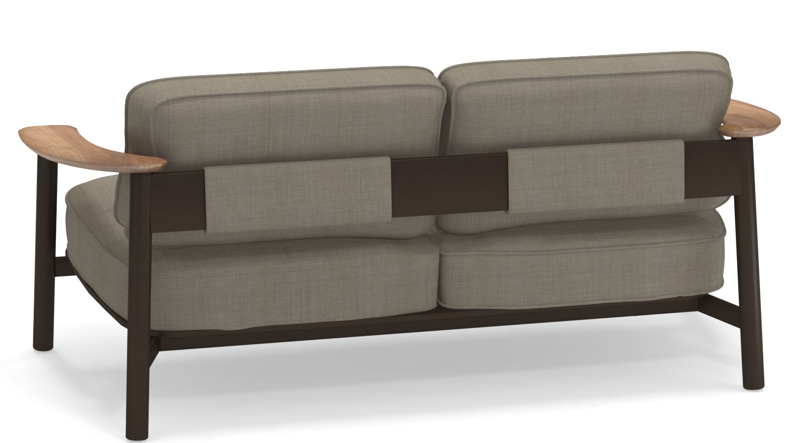 Rückansicht des Emu Twins Outdoor Sofas mit braunem Rahmen und hellgrauen Polstern für Garten und Terrasse.