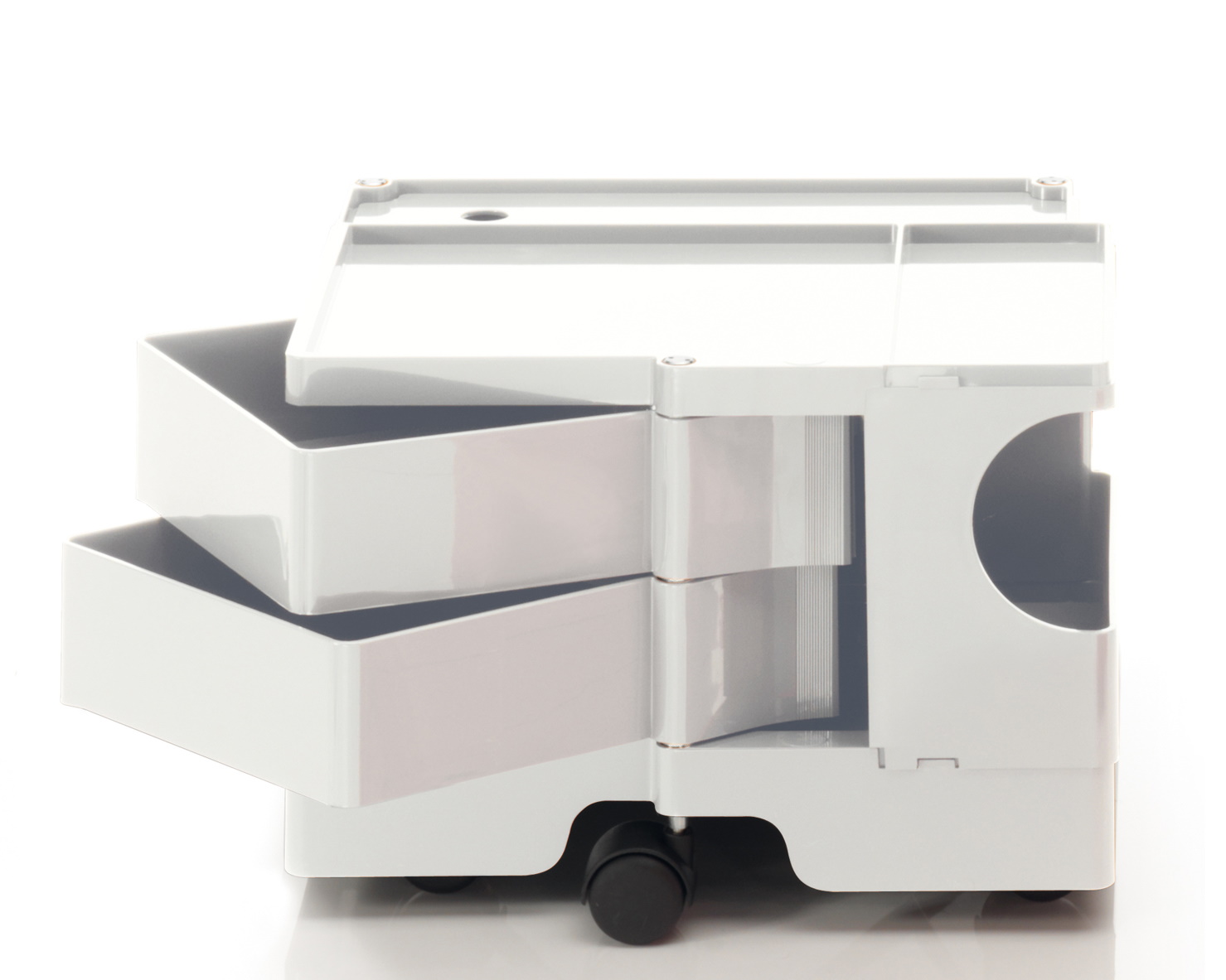 Weißer Boby Rollcontainer mit Schubladen und Ablageflächen für Büro oder Homeoffice.