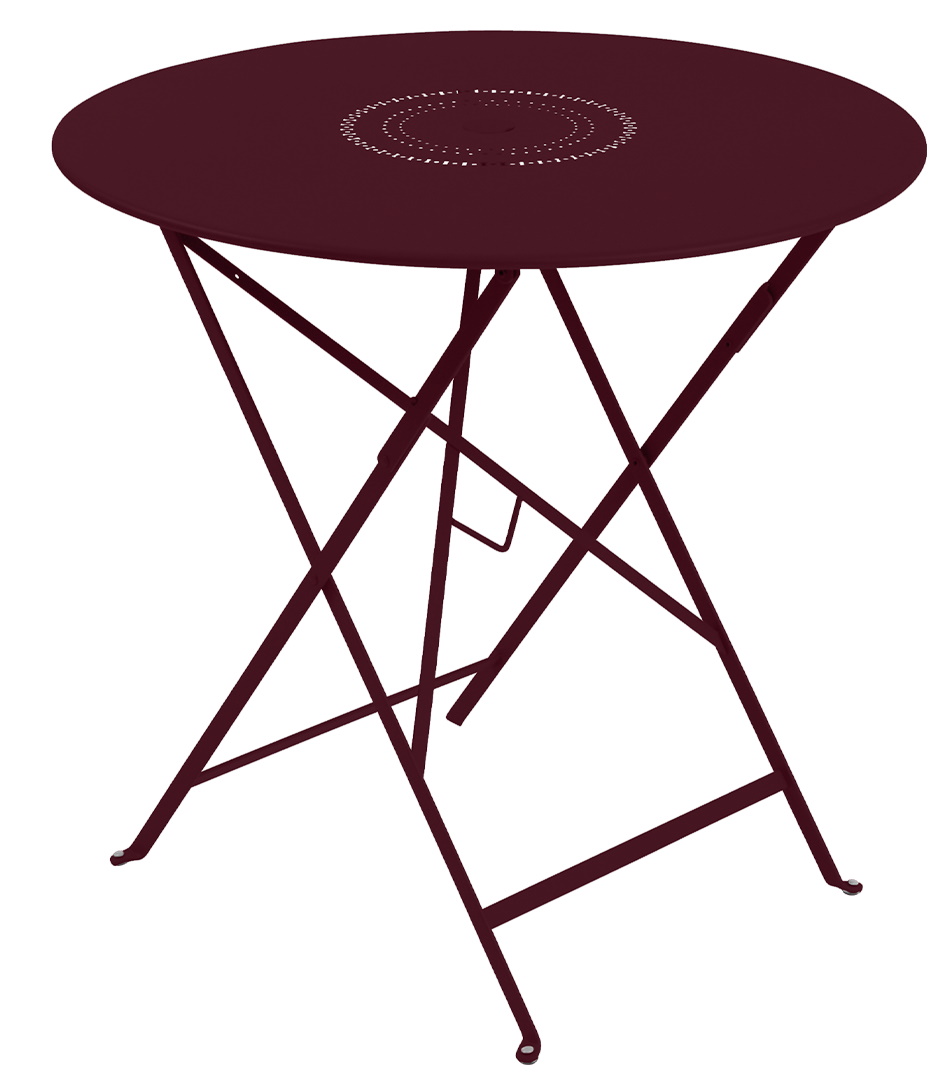 Floréal Tisch Outdoor von Fermob, runder Gartentisch aus Metall in Aubergine mit filigranem Muster.