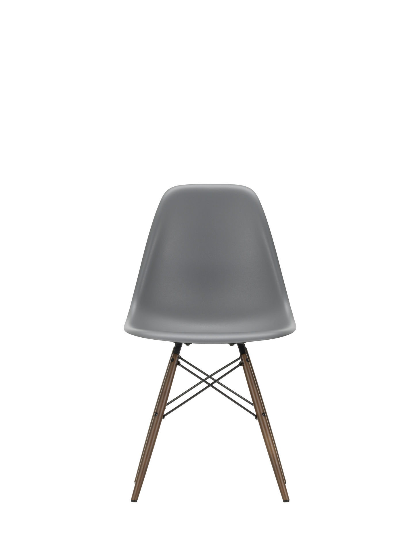 Grauer Eames Plastic Side Chair DSW mit Ahorn-Holzbeinen, Ansicht von vorne, Designklassiker von Vitra.