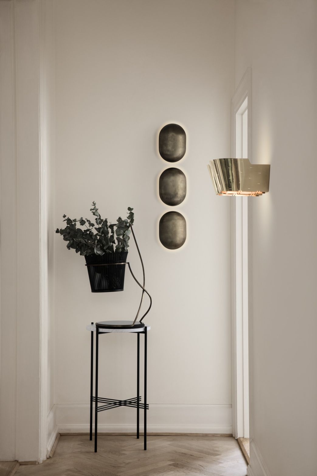 Matégot Blumentopf in Schwarz mit Pflanze auf einem Beistelltisch, moderne Inneneinrichtung.