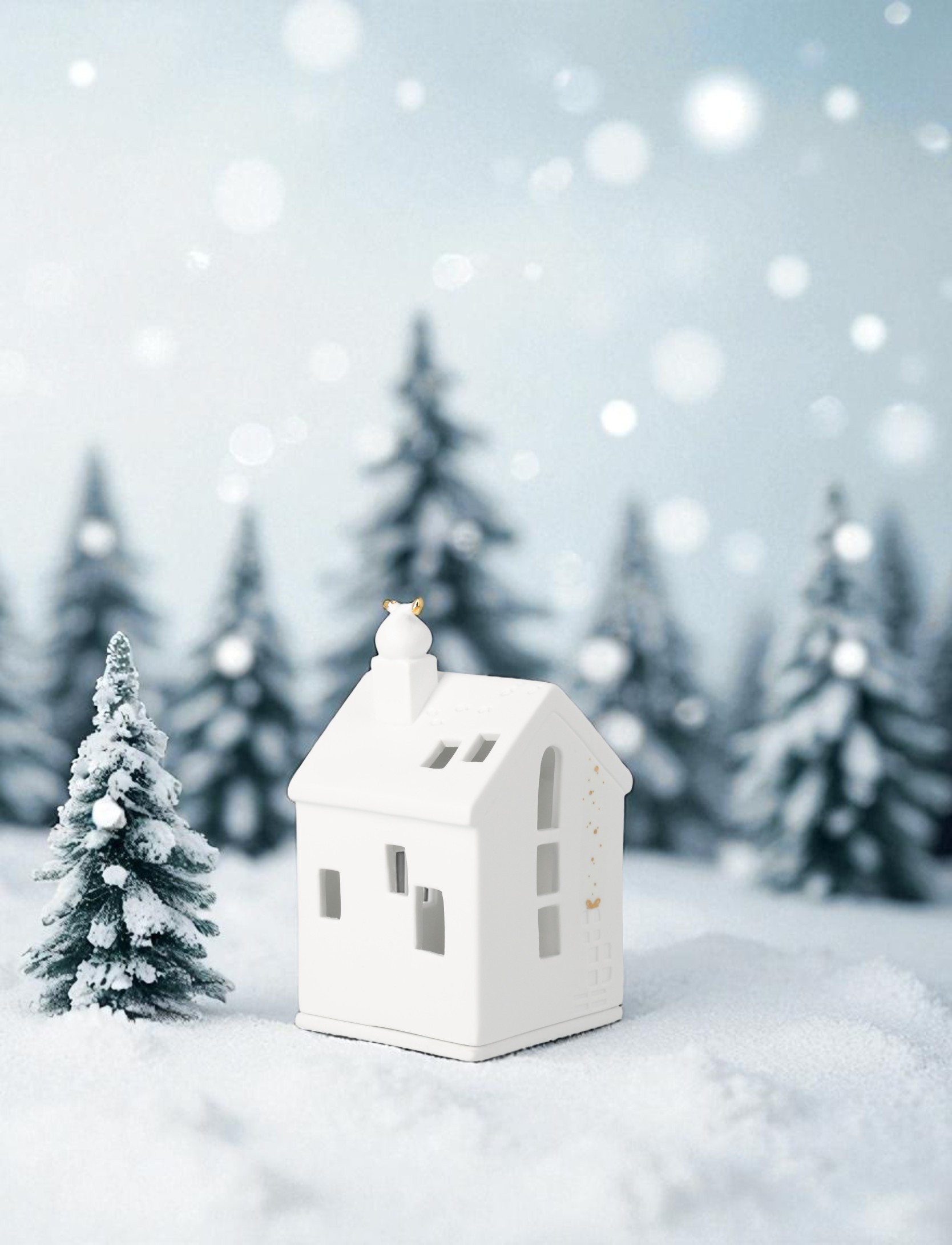 Weißes Lichthaus "Santas Füßchen Räder" mit Tannenbaum im Schnee, festliche Weihnachtsdekoration für gemütliche Winterabende.