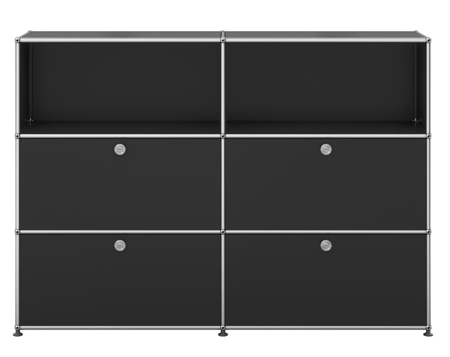 USM Haller Highboard in Graphitschwarz mit vier Klappen und zwei offenen Fächern für stilvolle Aufbewahrung.