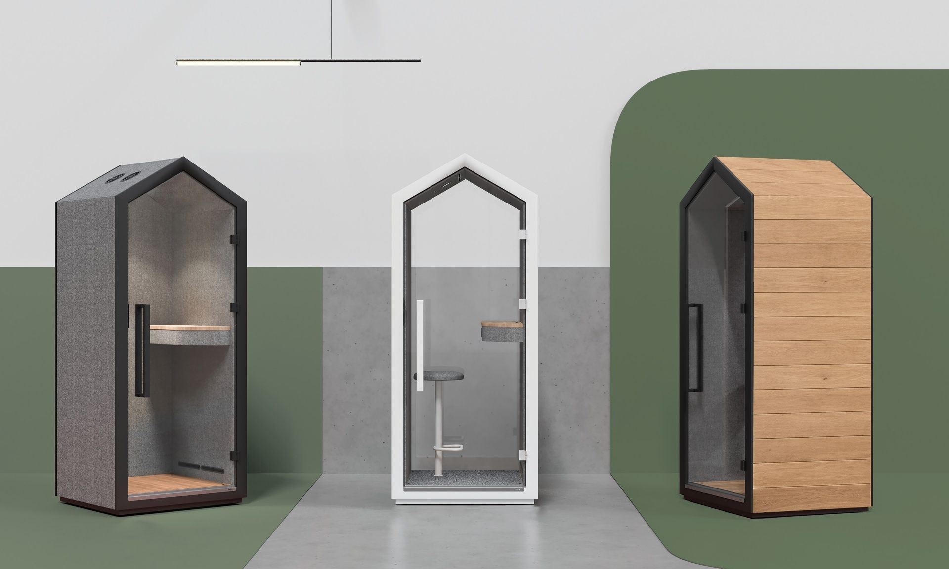 Drei treehouse THS 1T G1/G2 Akustikkabinen von Bejot in Grau, Weiß und Holz mit Glastüren.