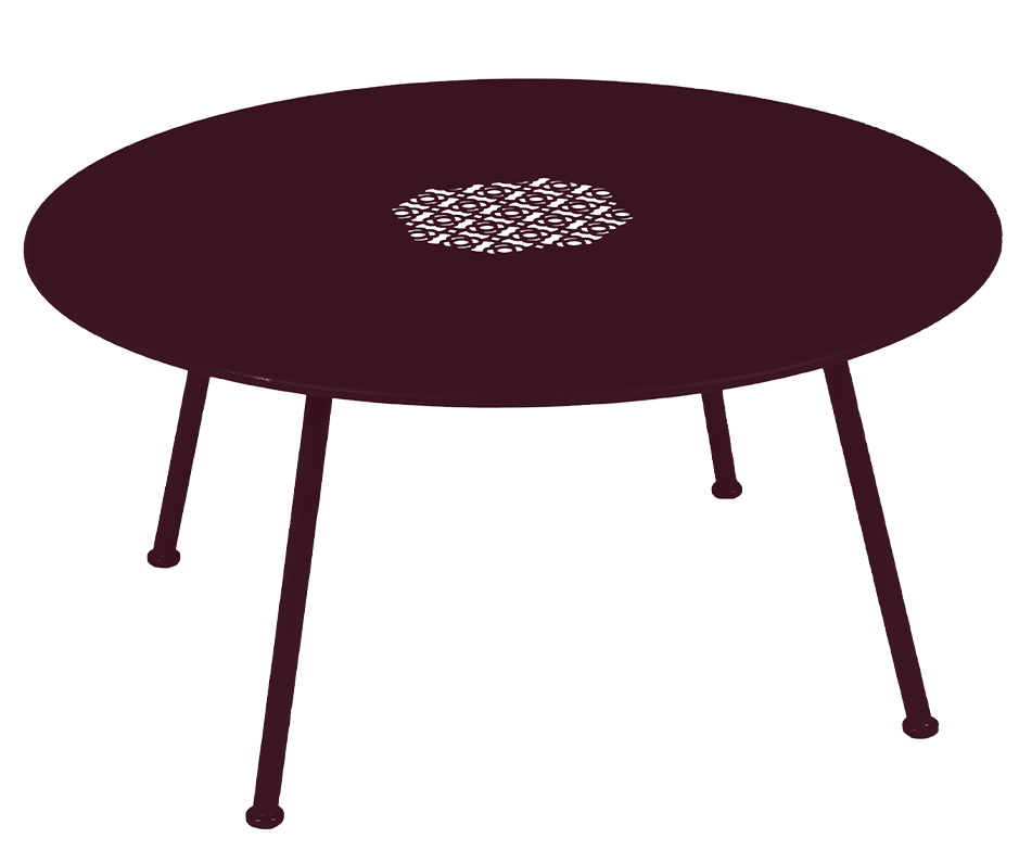 Lorette Outdoor Beistelltisch von Fermob, runder Couchtisch in Pflaume mit filigranem Lochmuster in der Mitte.