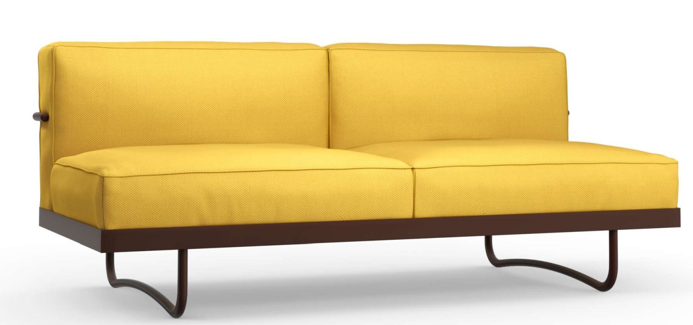 Gelbes 2-Sitzer Le Corbusier Sofa von Cassina mit braunem Gestell und minimalistischem Design.