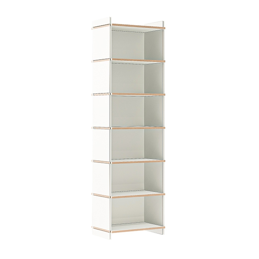 Weißes Tojo Mehrfach Regal Grundmodul mit sechs Fächern und Holzdetails für flexible Aufbewahrung.
