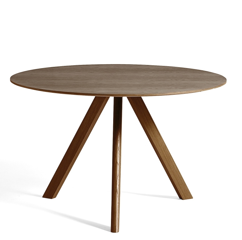 Hay Copenhague CPH 20 Tisch, runder Esstisch mit Holzplatte und dreibeinigem Holzgestell, skandinavisches Design.