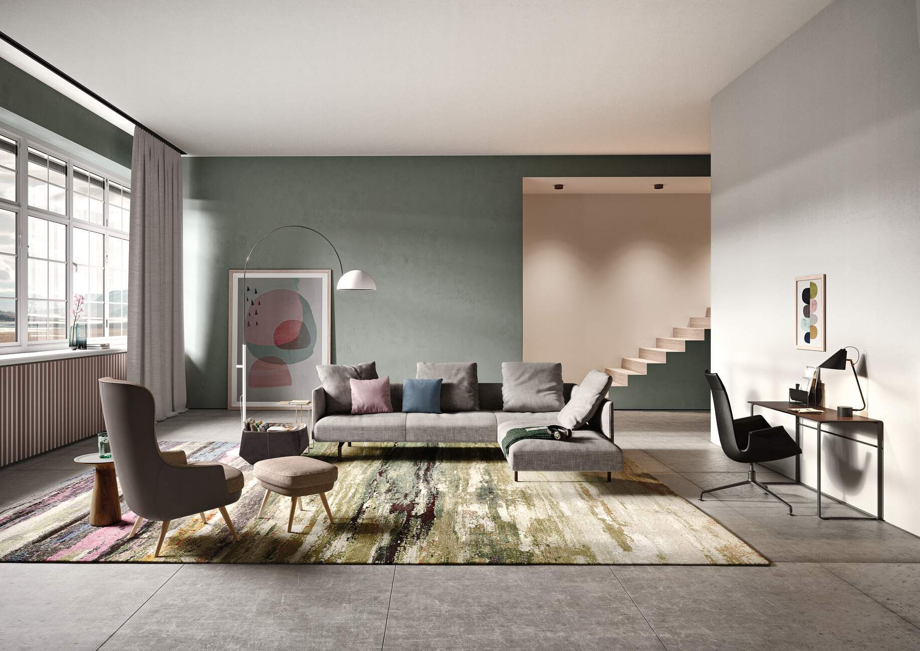 Legends of Carpets Teppich: Moderner Wohnraum mit abstraktem Teppichdesign in Grün-, Beige- und Rosatönen.
