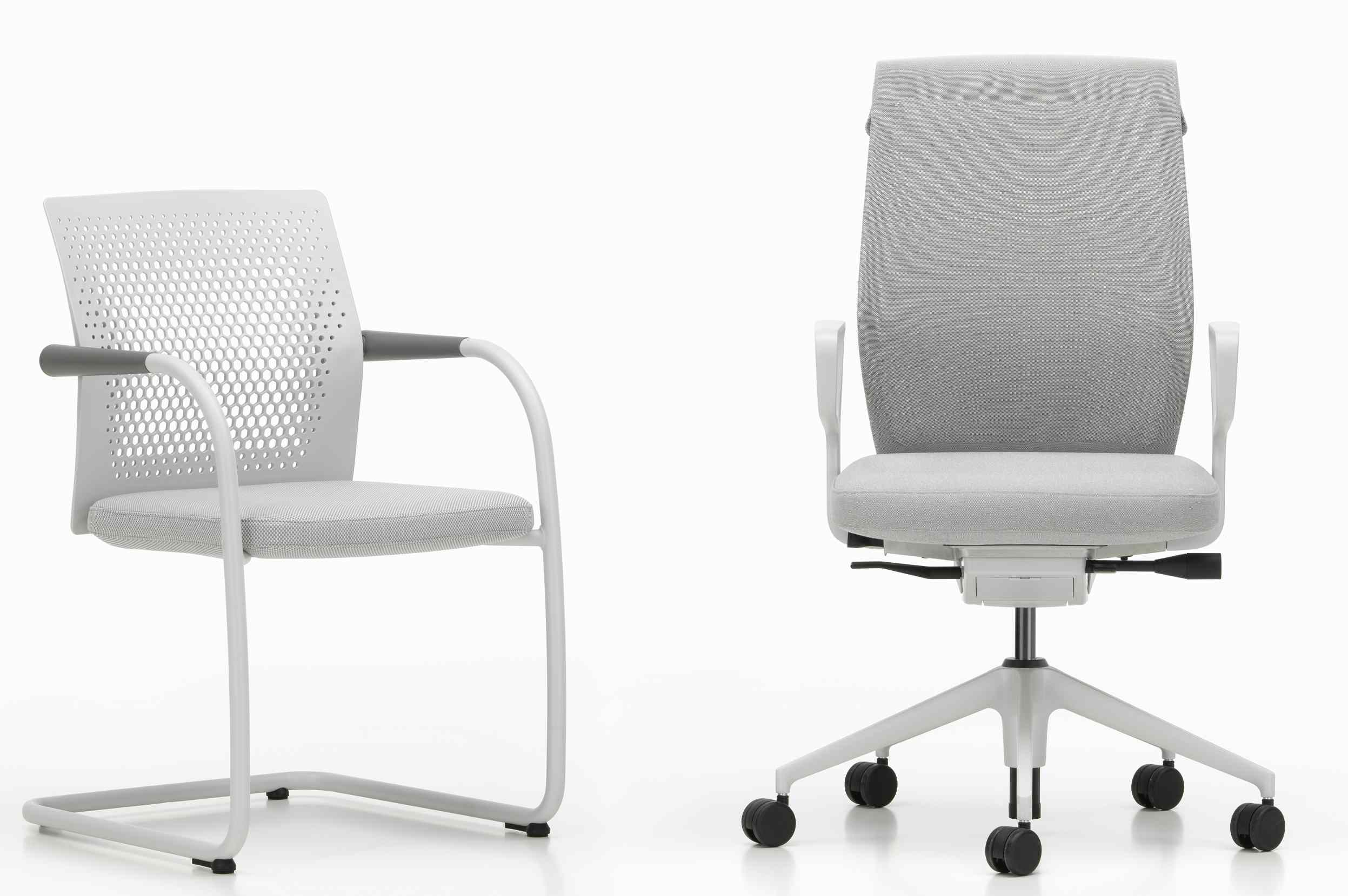 ID Cloud Bürodrehstuhl von Vitra, ergonomischer Bürostuhl mit Rollen und ein Freischwinger Bürostuhl in Grau.