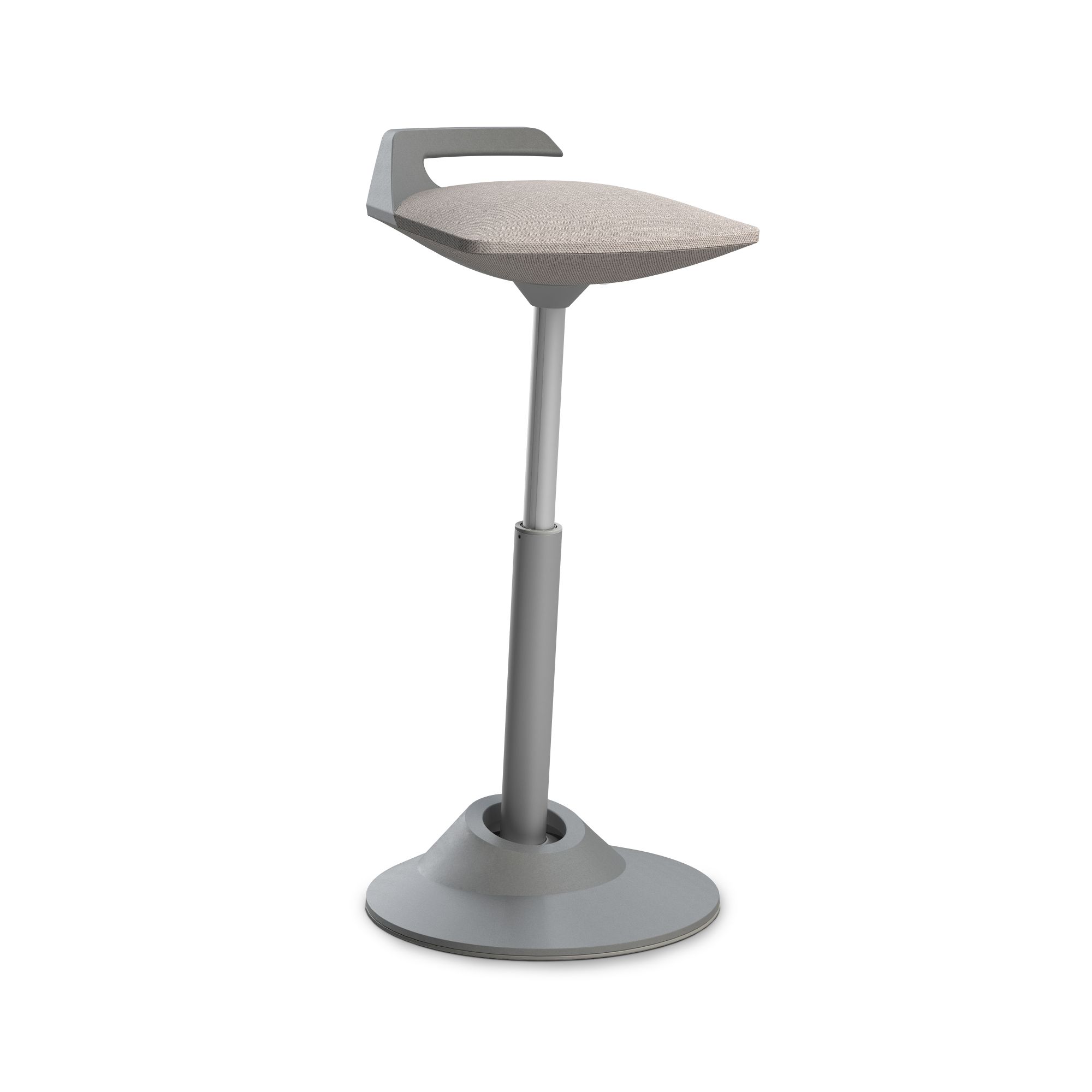 Moderner Stehhocker in Grau mit Stoffbezug, höhenverstellbar für ergonomisches Sitzen im Büro oder Homeoffice.