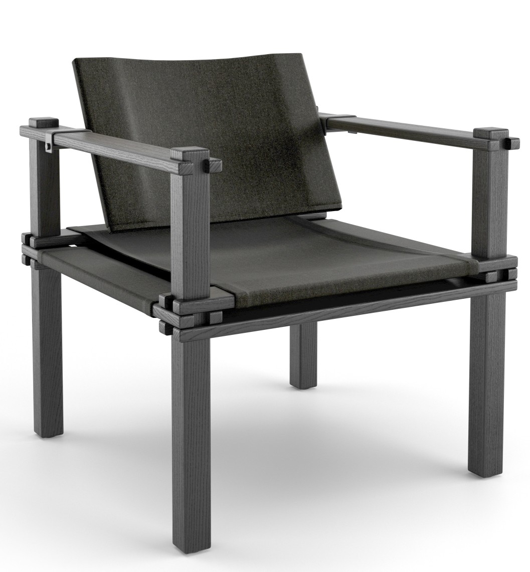 Farmer Sessel Outdoor Cor, moderner Gartensessel aus dunklem Holz und Stoffbezug für den Außenbereich.