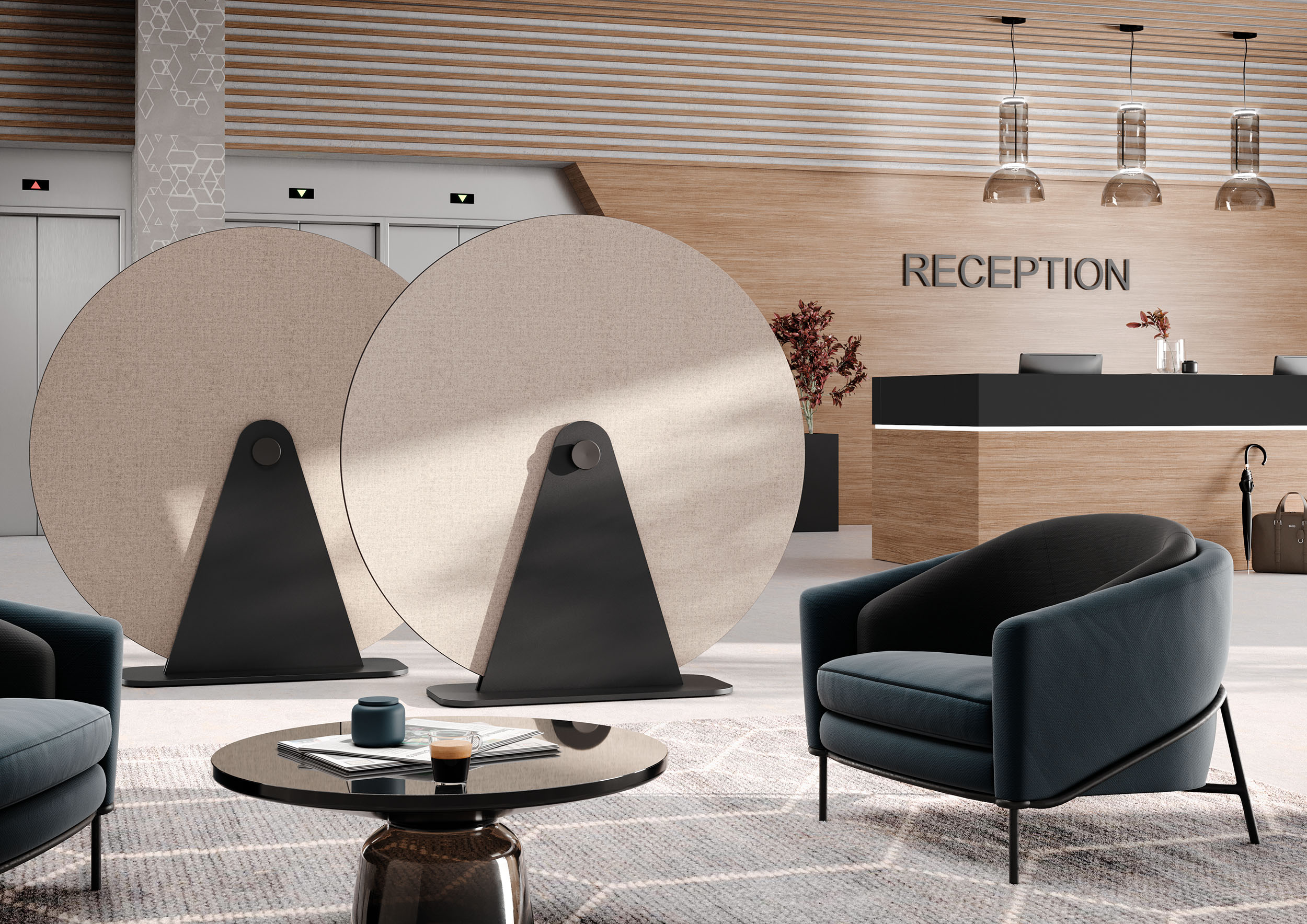 Modernes Büro-Lounge-Interieur mit blauen Sesseln, runden Raumteilern und Rezeption für stilvolle Arbeitsplatzgestaltung.