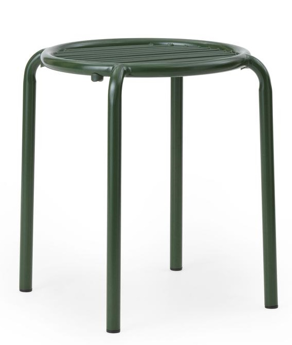 Normann Copenhagen Vig Stool Hocker für den Außenbereich, grüner Metallhocker mit runder Sitzfläche und drei Beinen.