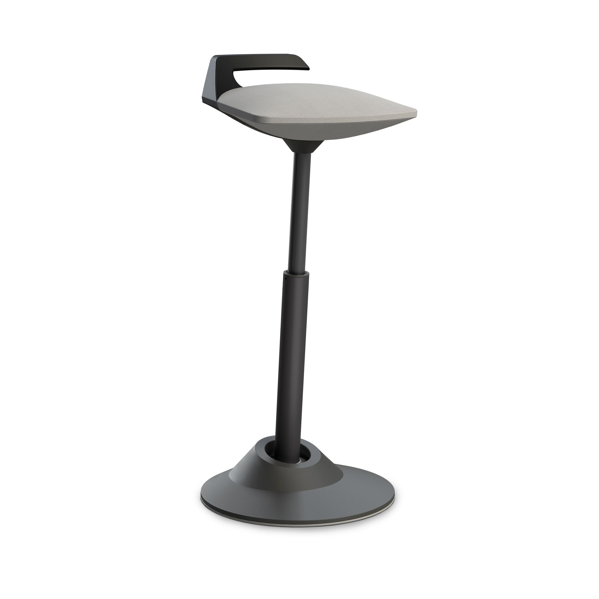 Ergonomischer Stehhocker in Grau mit Rückenlehne für Büro und Homeoffice, höhenverstellbar.