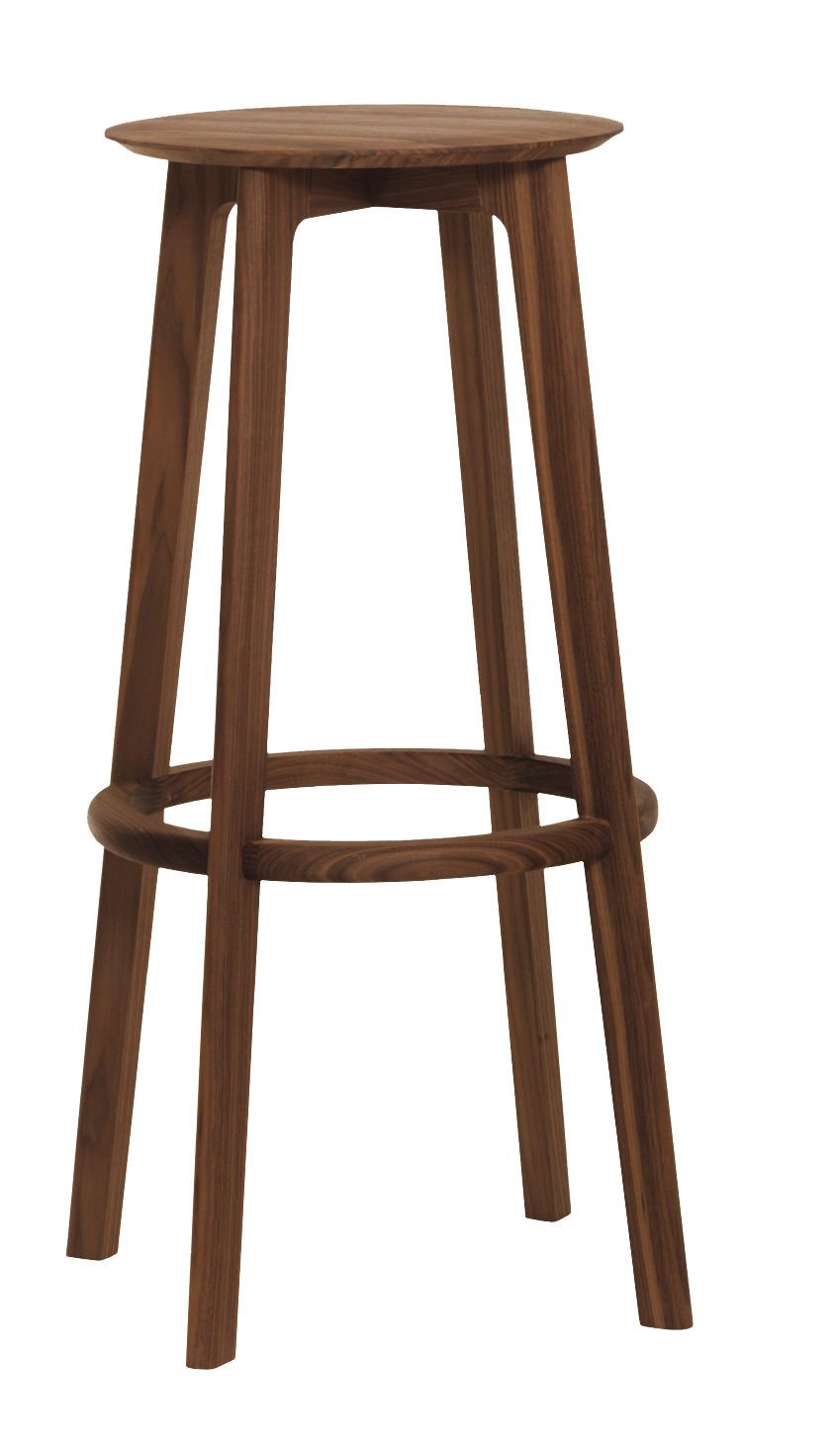 Bild eines 80cm hohen Barhockers aus amerikanischem Nussbaumholz mit runder Sitzfläche.