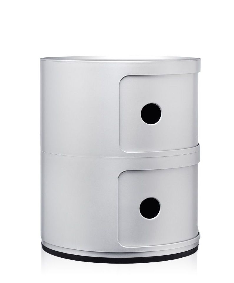 Silberner Kartell Componibili 2er Container mit zwei Fächern und runden Grifföffnungen, ideal als Nachttisch.