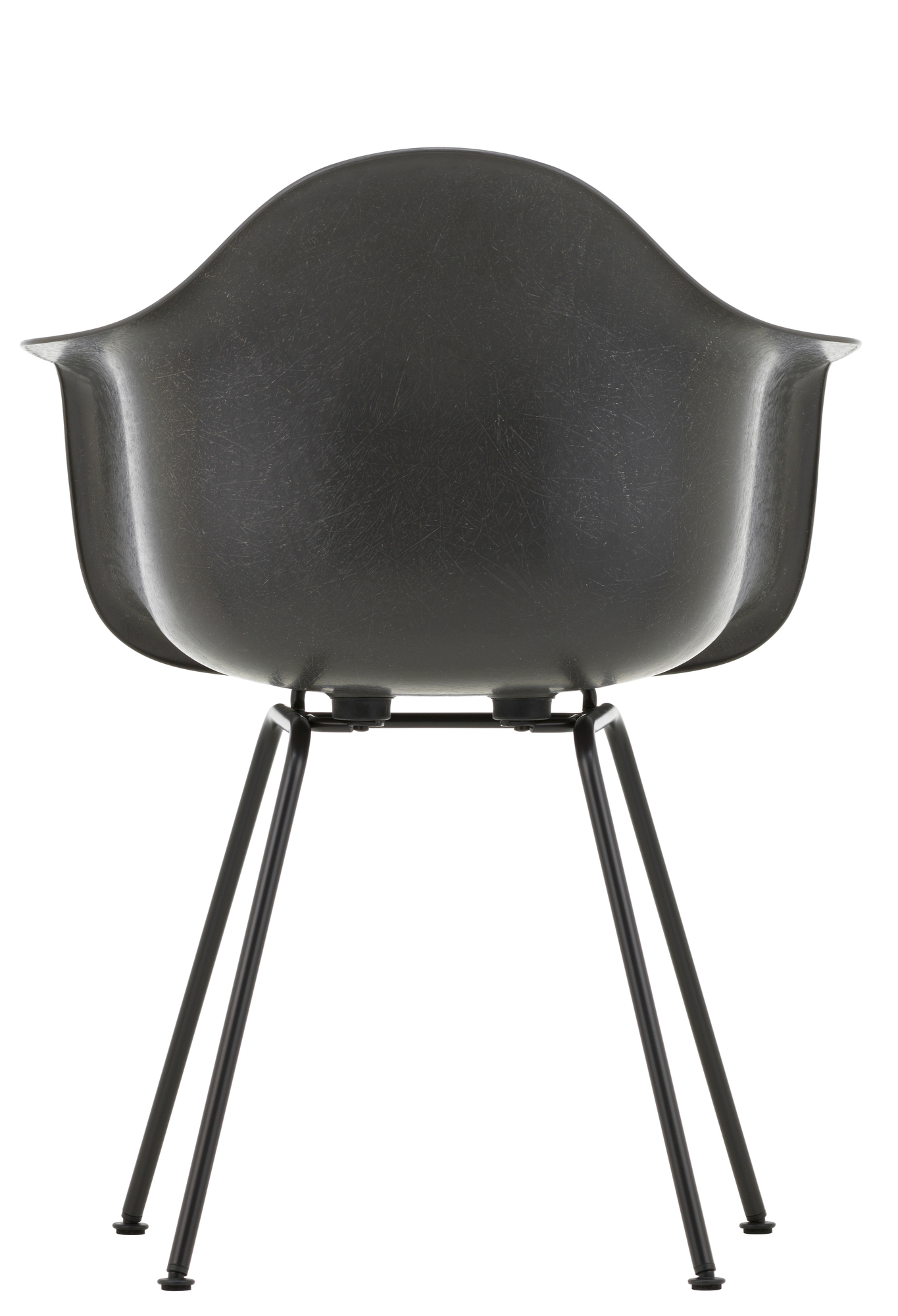 Rückansicht des schwarzen Eames Fiberglas Arm Chair DAX Stuhl von Vitra mit Metallbeinen.