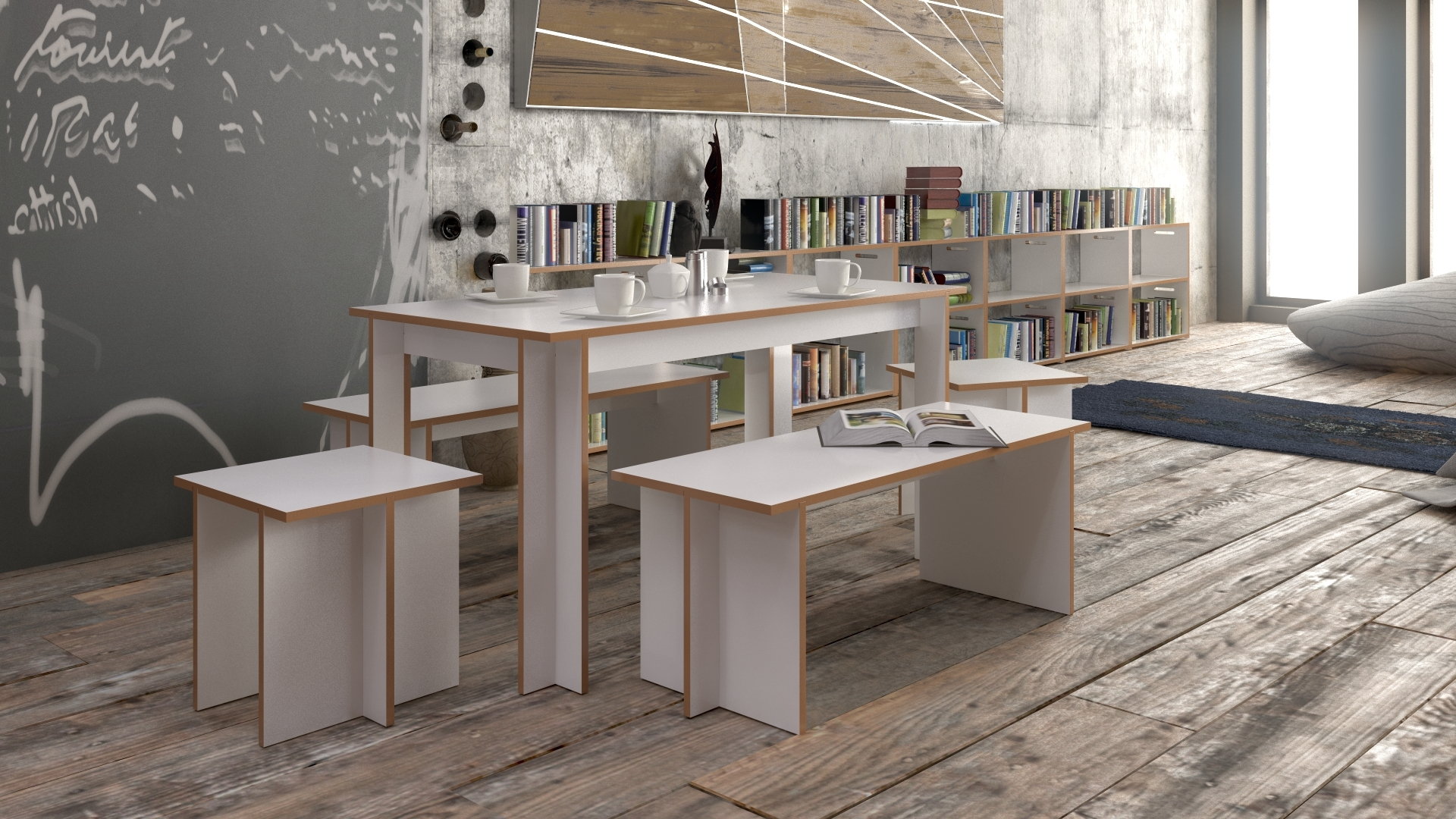 Helles Esszimmer mit großer Tischgruppe Tojo mit Bänken und Hockern vor Bücherregal.